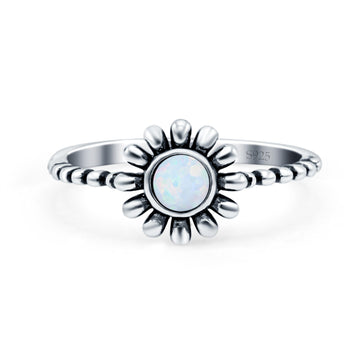 Flower Style Petite Dainty Round Ring Solid Oxidized Lab Created White Opal 925 Sterling Silver